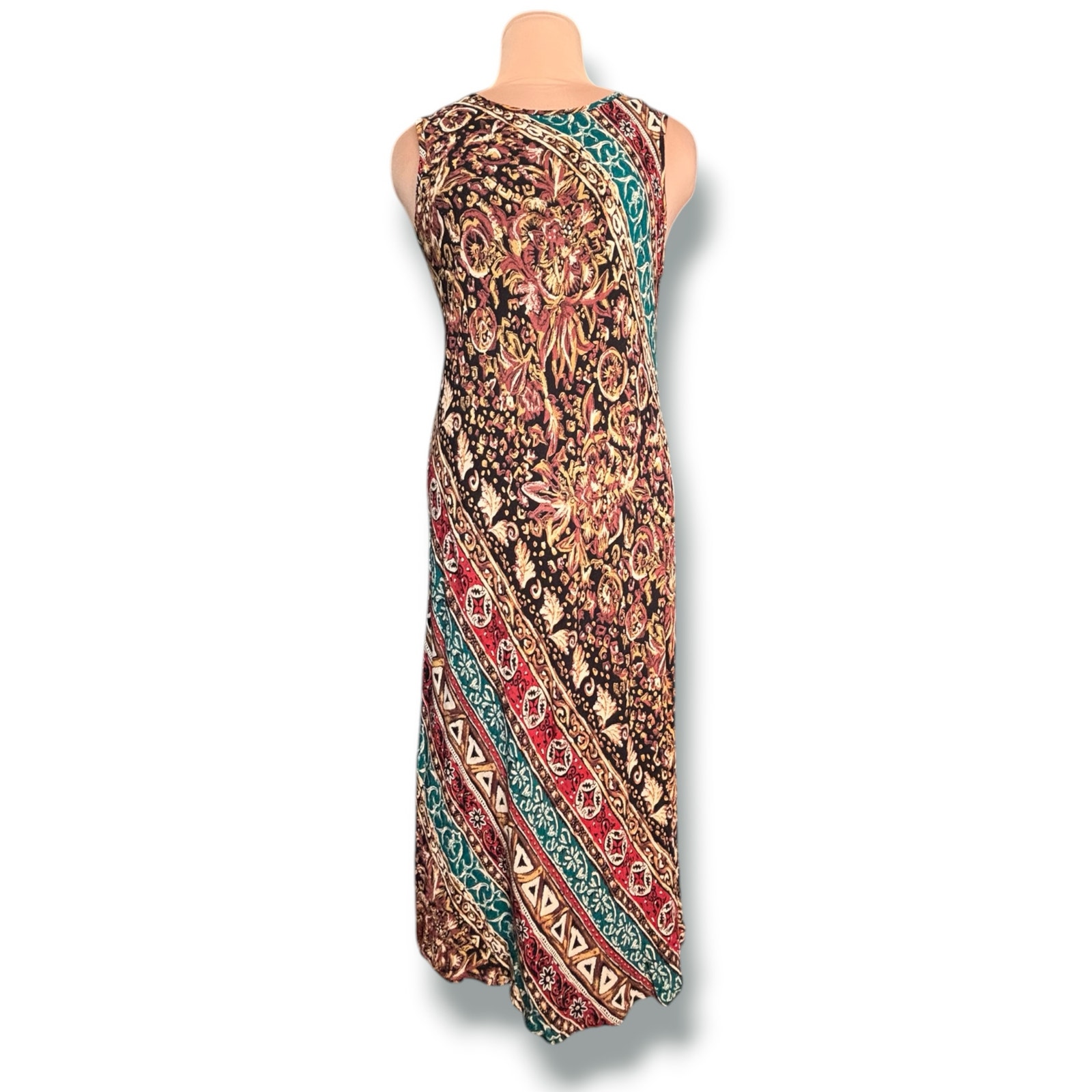 Vintage Carole Little Petite Midi Dress Brown Boho Patchwork Floral Rayon Usa